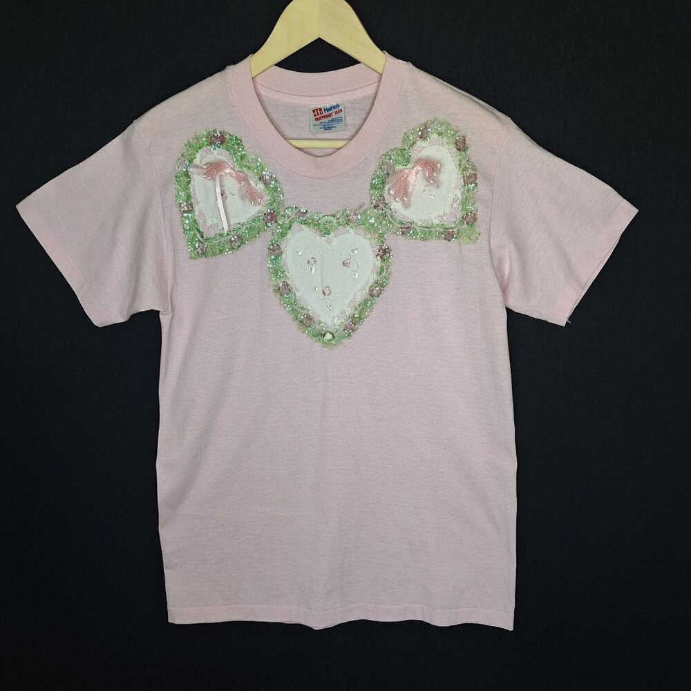 💙 Vintage Hanes Cottagecore Lace Heart Appliqué Tee Size M 90s Romantic Handmad